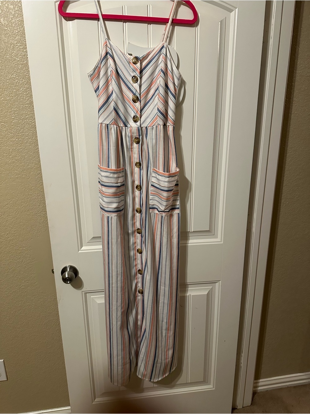 Striped Strapless Button-Front Maxi Dress in Multi-Color